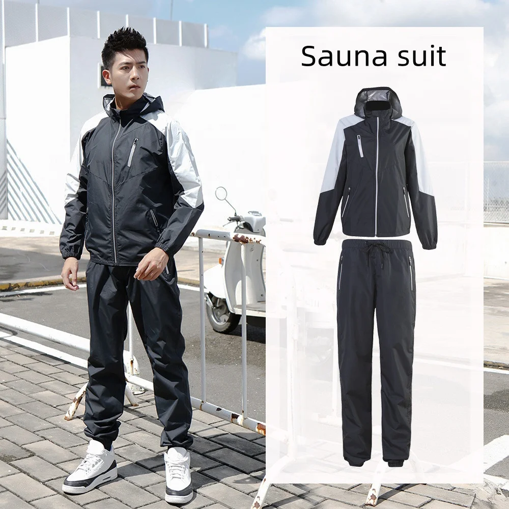 Couple sauna sweat suit man and woman fitness slimming fat burn hoodies and pant two pieces sliver high quality set loose weight