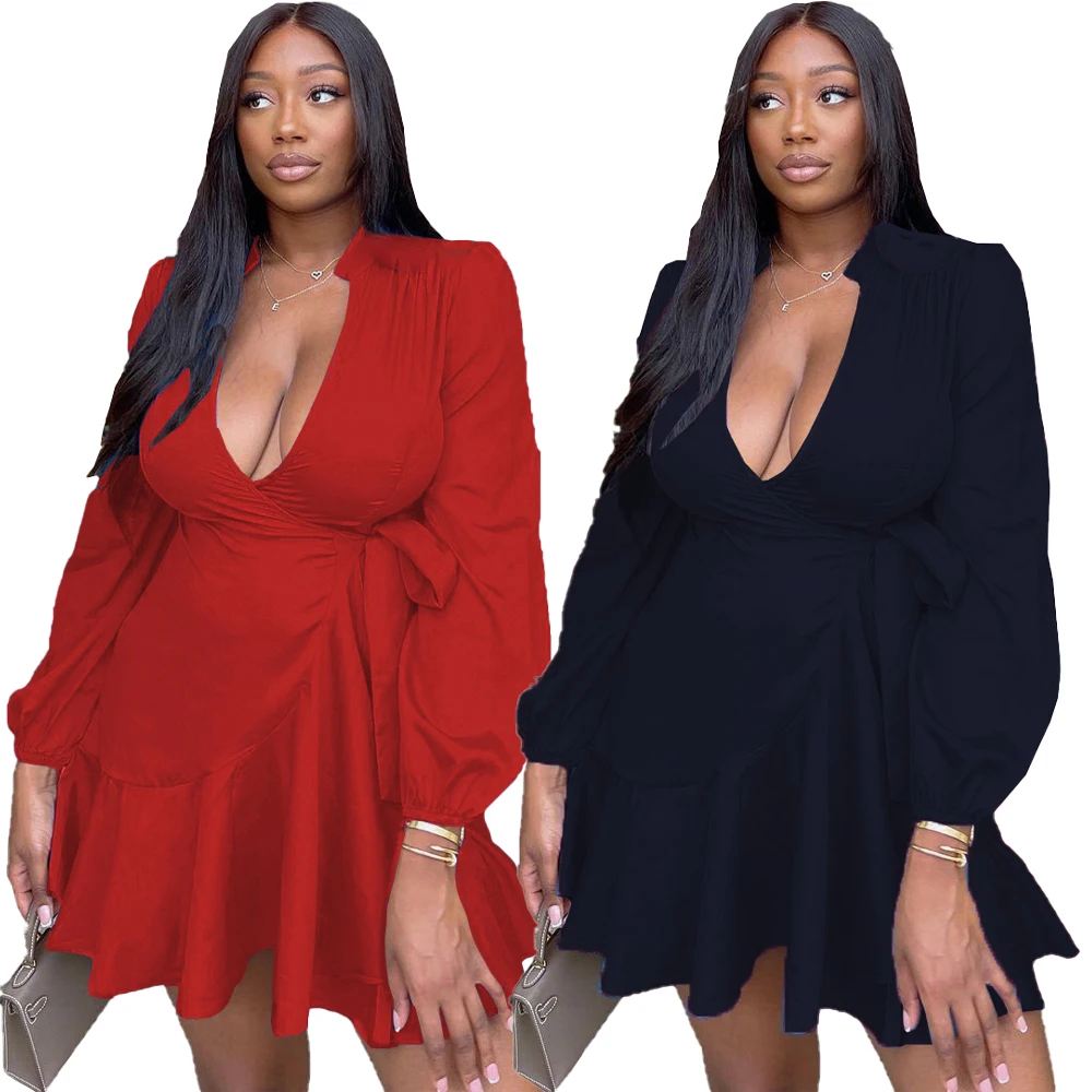 New Arrivals Casual Dress Trendy Women Clothes  Deep V Ruffled Hem Solid Bandage Long Sleeve Mini Dress