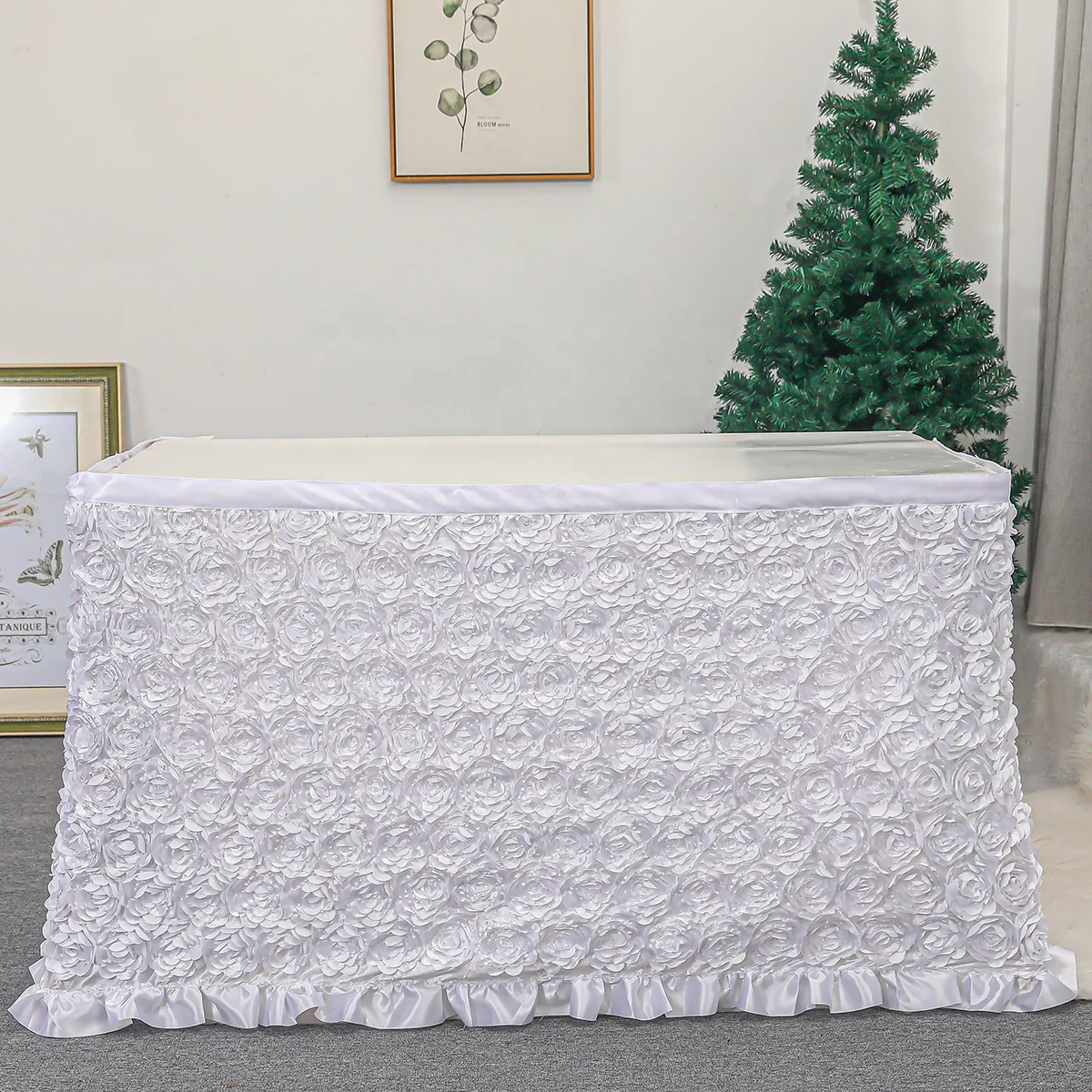Сделанная на заказ Красивая свадебная Розочка атласная Скатерть для свадьбы белого цвета