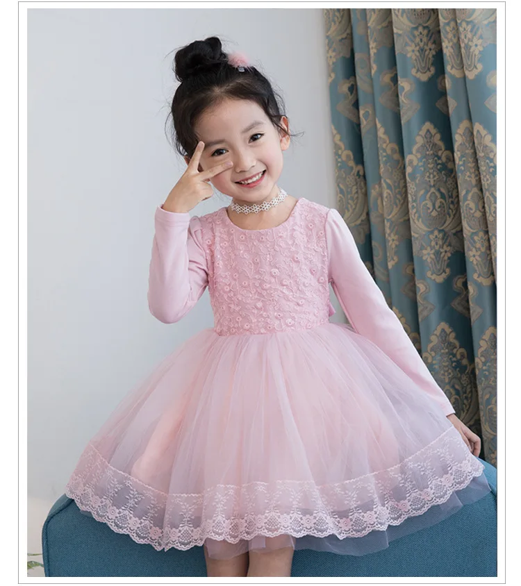Korean Kids Clothes Spring Autumn Princess Dress Mesh Long Sleeve Solid Color Children Lace Clothing Casual Girls Dress