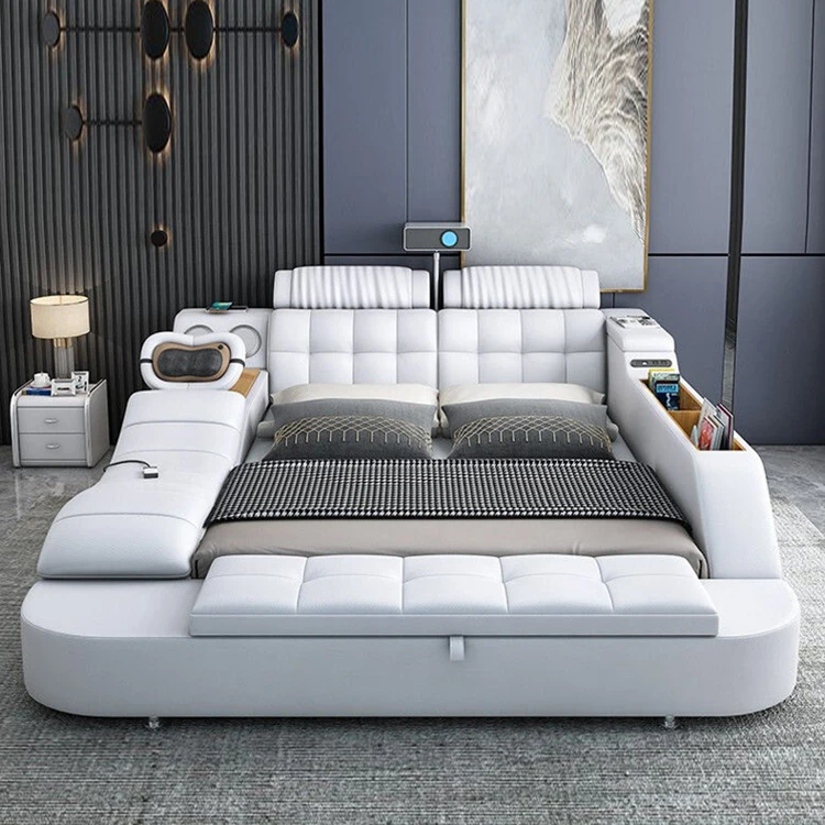 China modern top leather modern bed with computer soft table and projector