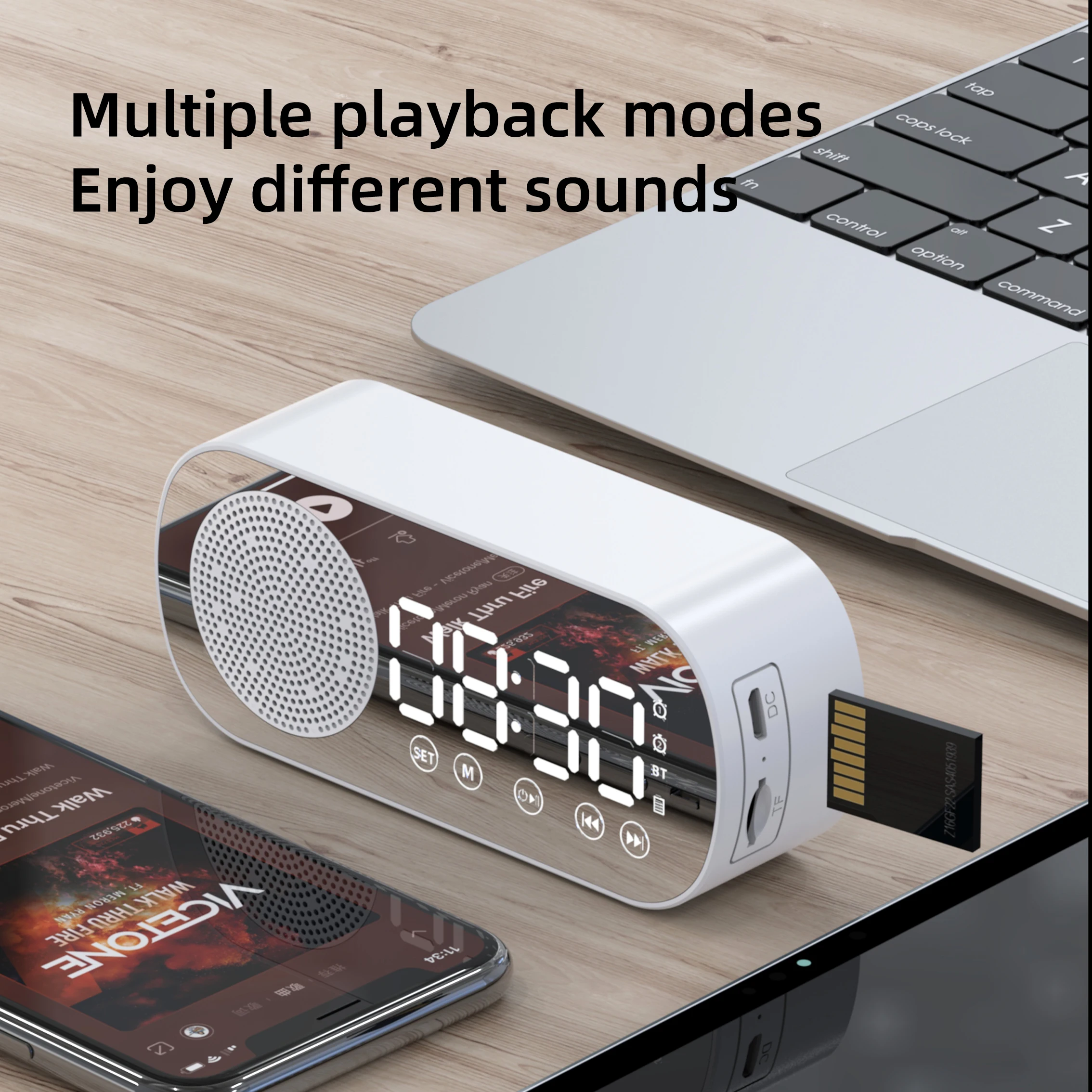 2022 New Product Alarm Clock With Mirror Digital Clock USB Charging Mini Portable Bluetooth Speaker