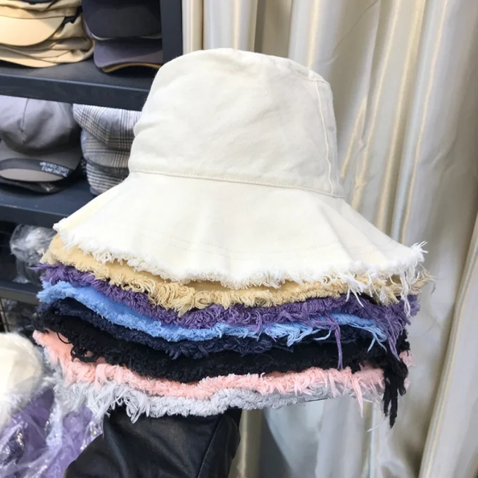 Wholesale blank washable fisherman hat women summer fashion raw edge customizable logo bucket caps