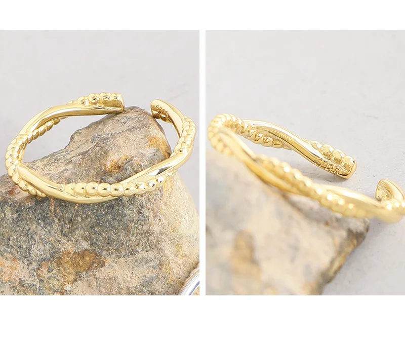 New Design S925 Sterling Silver 18K Cold Plated  Cross Twisted Thread Ring Ball Bead Adjustable Finger Ring