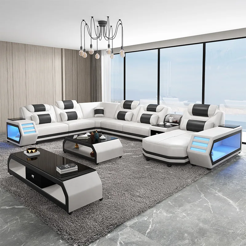 Luxury Italian Leather U-Shaped Sofa with Bluetooth Speaker and light