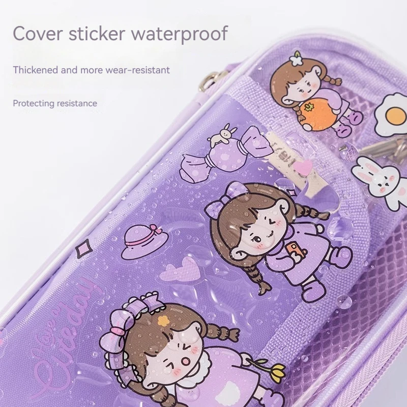 Deli BC308 Girl DIY Light Purple Transparent Pencil Case for Primary School Students Double Layer Three Layer Large Capacity Pen