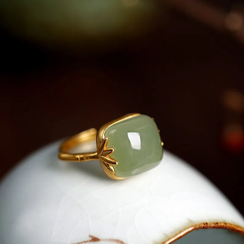 Vintage Elegant Fashion Jade Green Rings Women Adjustable Brass Gold Jade Rings