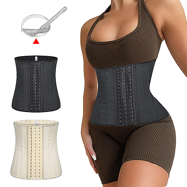 Langqin Custom Logo Black Fajas High Women Corset 100% Latex 25 Steel Bone Tummy Wrap Waist Trainer shaper For Women