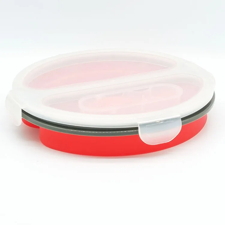 High Quality Round Silicone Collapsible Food Storage Containers Double grid Lunch Box With Plastic Spoon