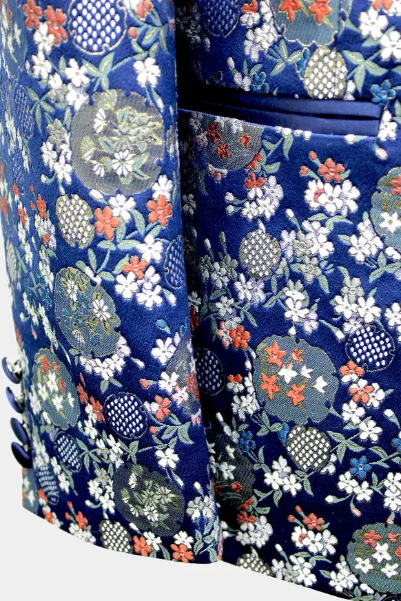 Custom Prom Suit Classic Wedding Men Tuxedo Double Breasted Navy Blue Floral Tuxedo 3 Piece Men Suits
