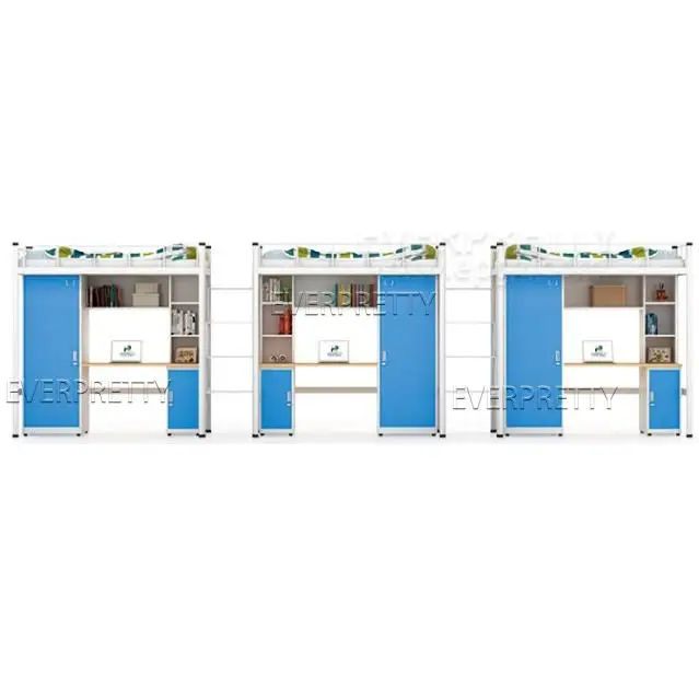Color Customized Dormitory Furniture Adult Steel Triple Loft Bed with Desk Bookshelf