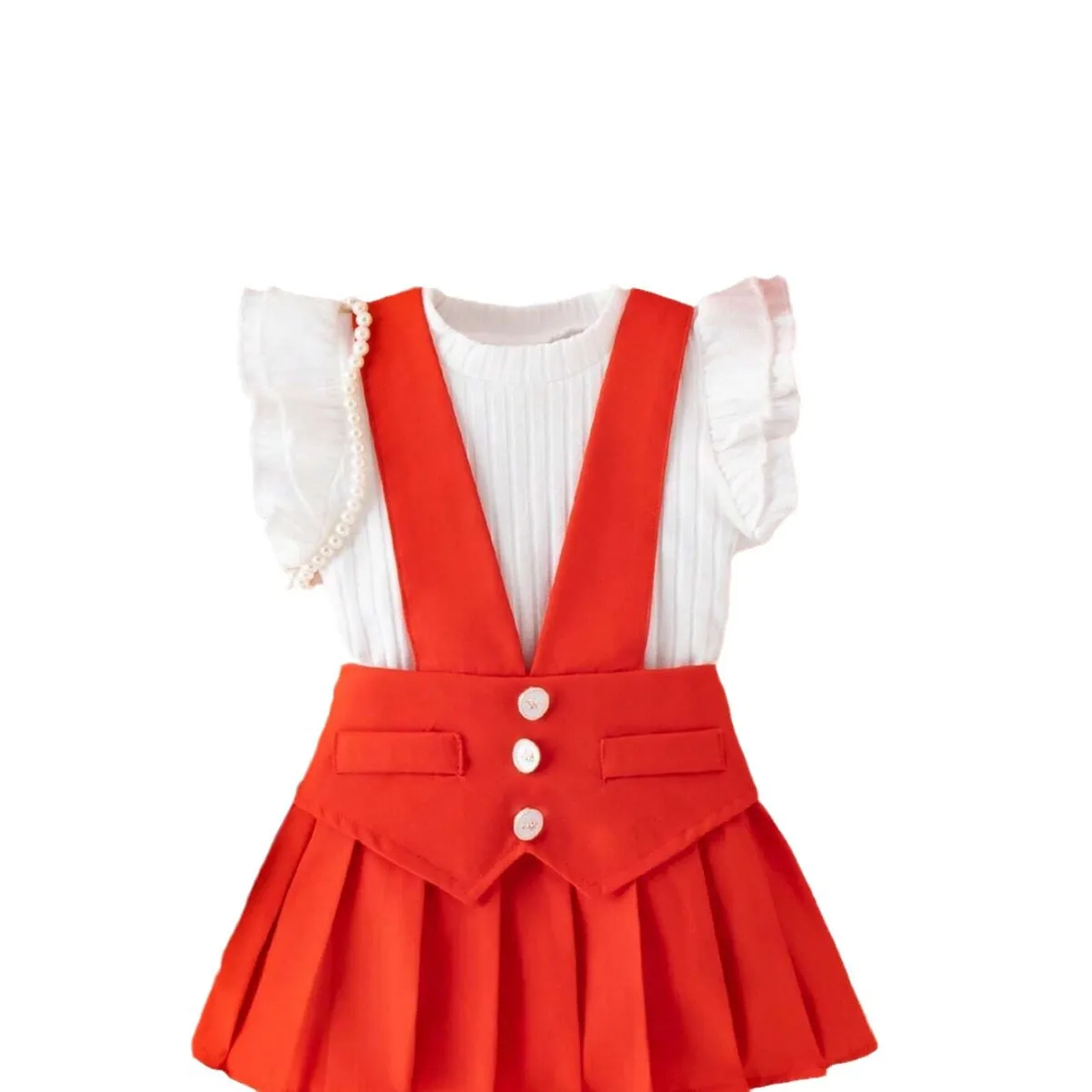 New style girls pit stripe solid color small flying sleeve vest top pleated suspender skirt hat suit