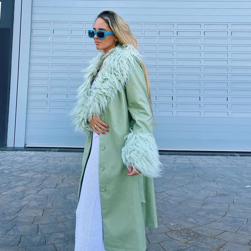 Plush PU Patchwork Trench Women Fall Winter Warm Casual Coat With Belt Lady Girl Elegant Jacket