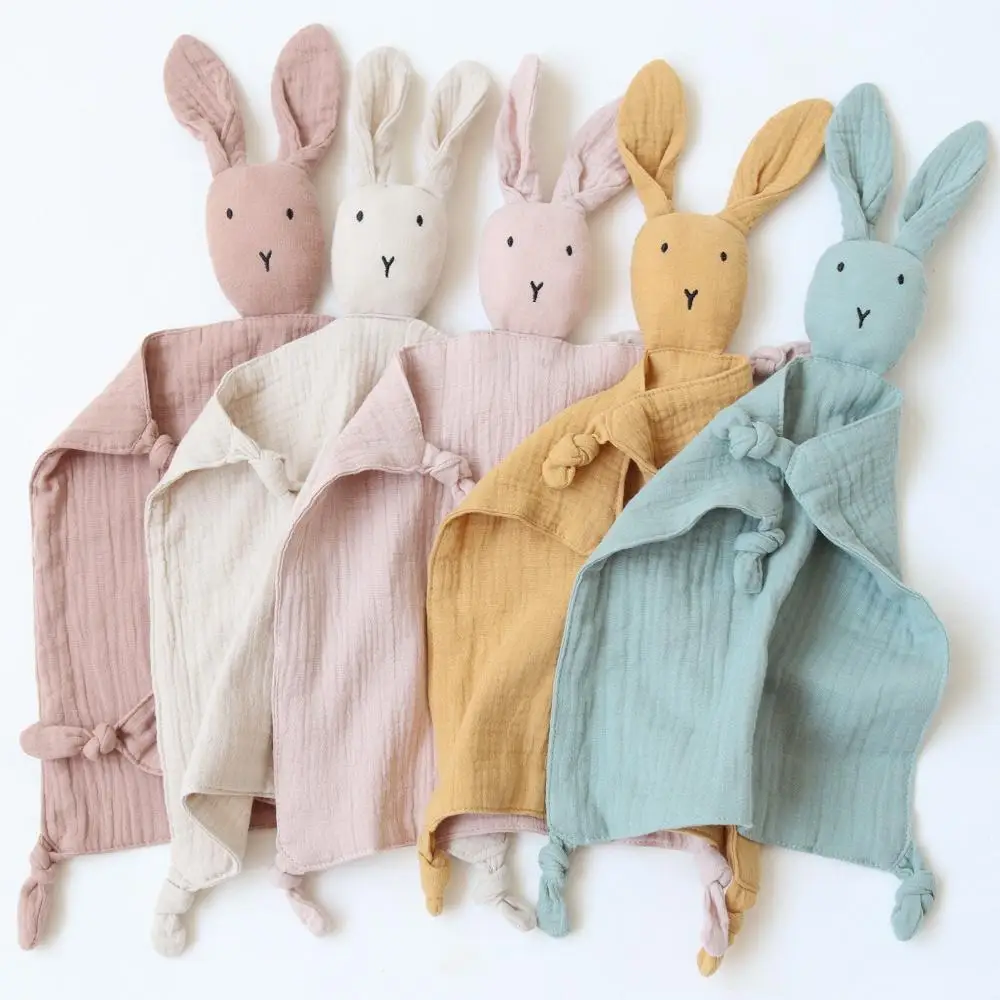 New 100% cotton Gauze Ins Hot Sale Rabbit Bunny Head Toy Baby Lovey Baby Comforter Muslin Security Blanket