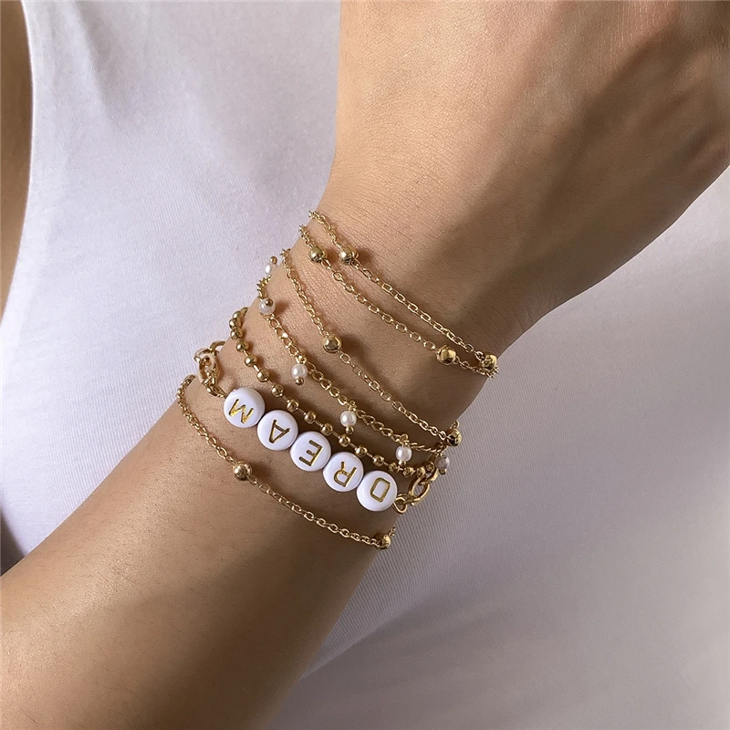  Wholesale Women Multi-layer Gold Plated Link Chain Bracelet Acrylic Letter Beads