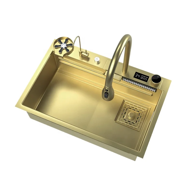 Gold Multifunctional Modern Smart Digital Display Kitchen Stainless Steel Sink with Waterfall Double Faucet for Hotel Kitchen