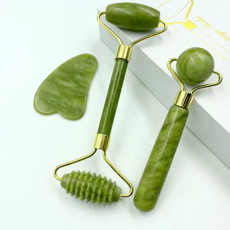 Pink green white black quartz stone crystal jade Facial beauty face massage roller gua sha set jade roller for face