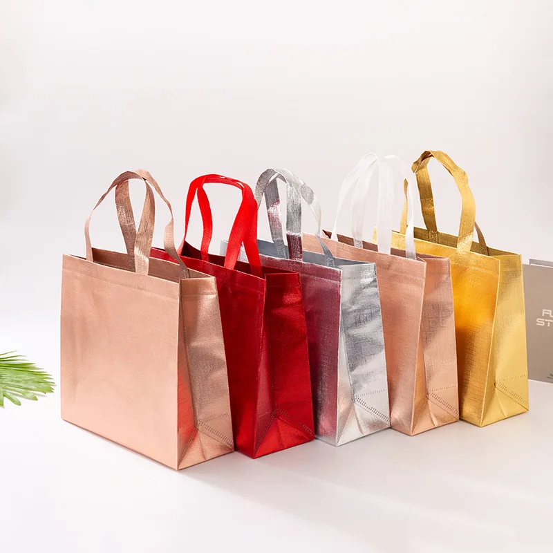 Wholesale custom reusable bride gift foldable shopping bag gold silver rose gold lamination metallic laser non woven fabric bag