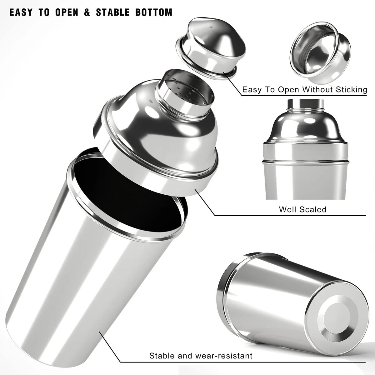 Custom Logo Barware Tool Martini Bar Shaker 1.8L Stainless Steel 3 Piece Large Cocktail Shaker with Built-in Strainer