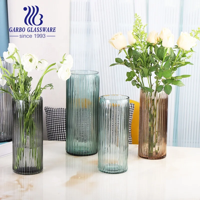 Handmade Craft Glass Flower Vase Customized Colored Popular Vertical Line Stripe Design Cylinder Tabletop Decorative Flower Vase