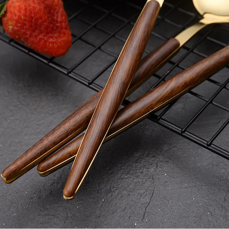 Latest Designs 5 Piece Home Hotel Gold Forks Bulk Gold Stainless Steel Flatware Set With Wooden Handle