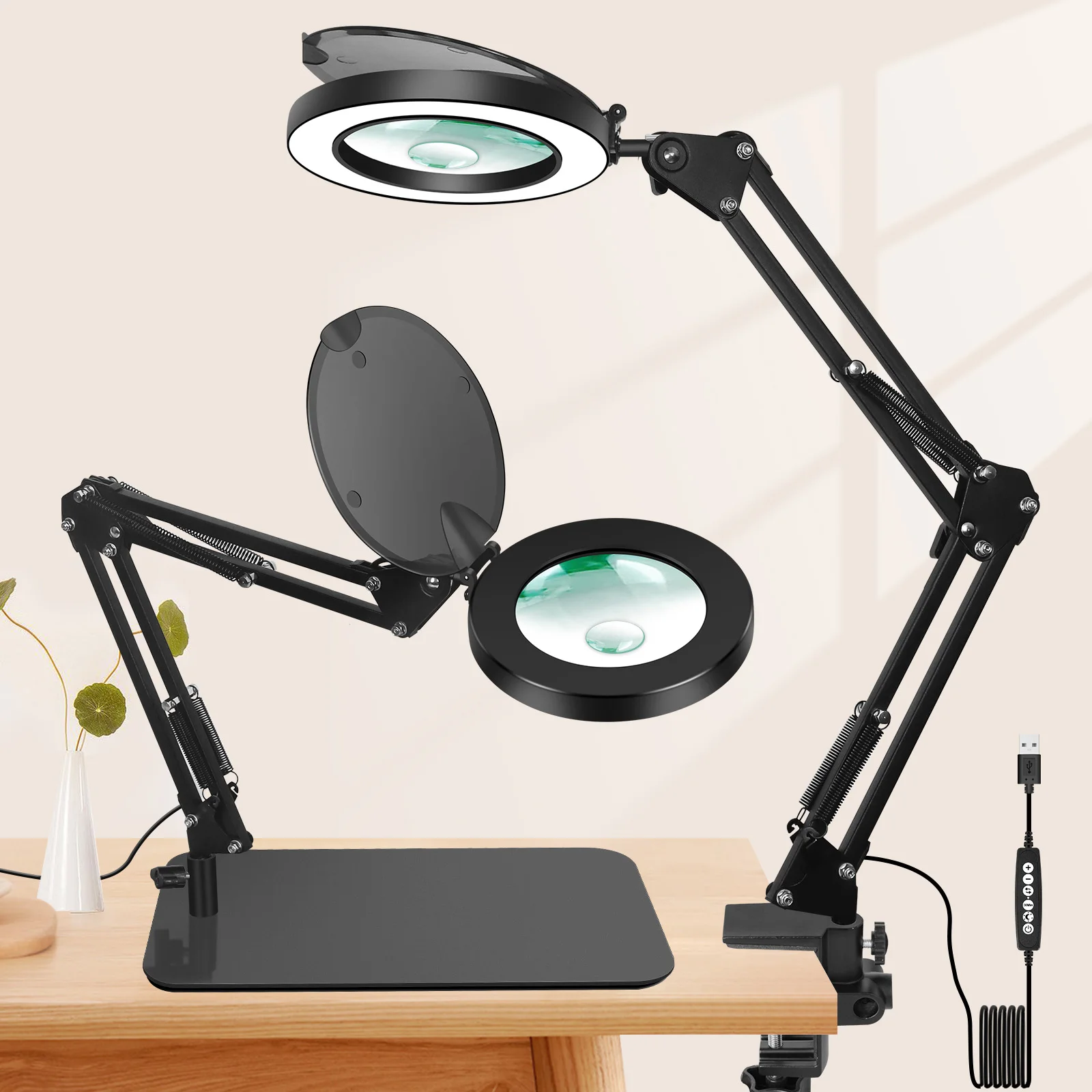 5X/10X Folding Magnifying Glass Lamp with 3 Color Adjust LED Lights/Dust Cover Table Lamp for Welding Repair Reading Close Work