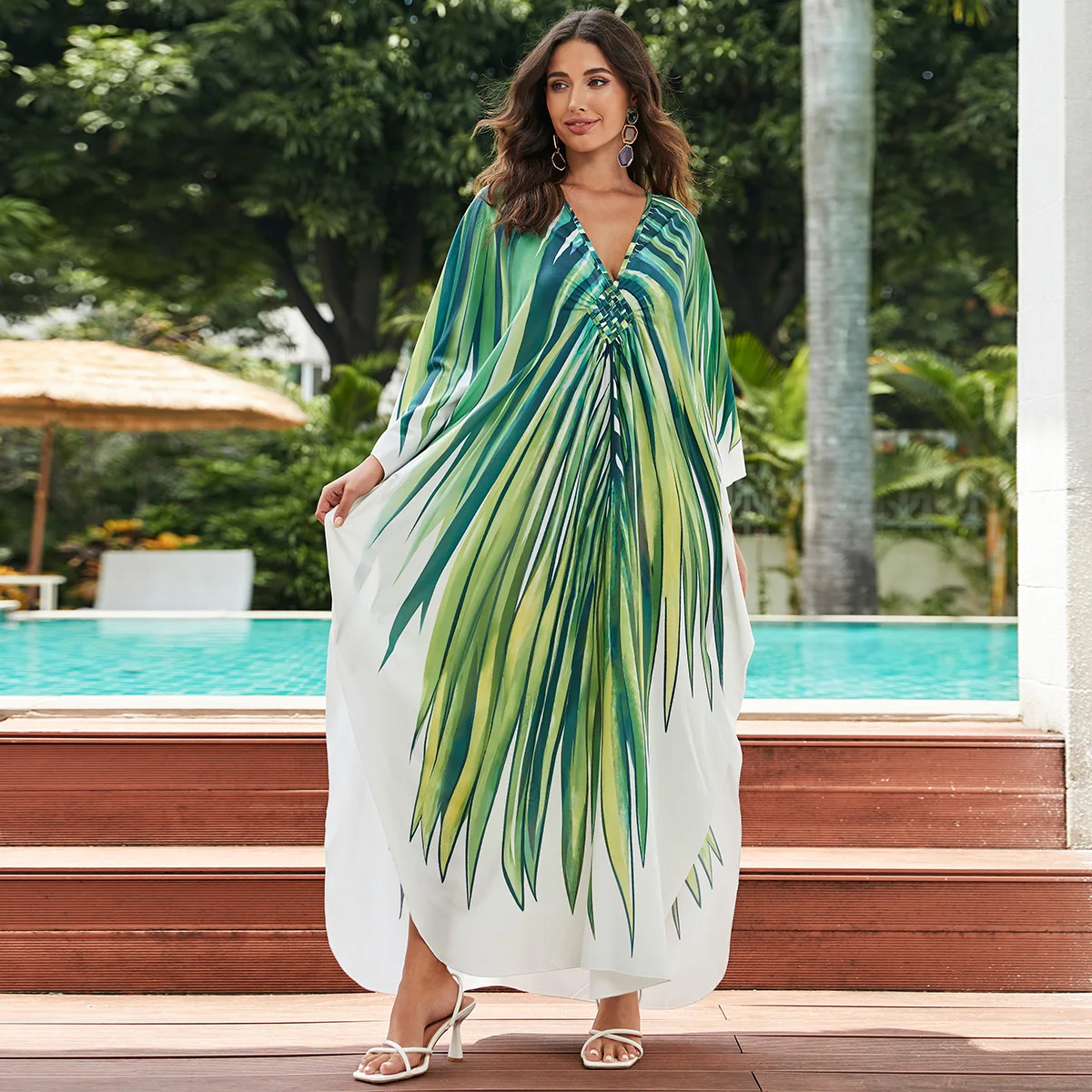 Wholesale 22colors Oem Beachwear Elegant Print Maxi Kaftan Kimono Women Casual Long Beach Cover Ups Hawaiian Dresses