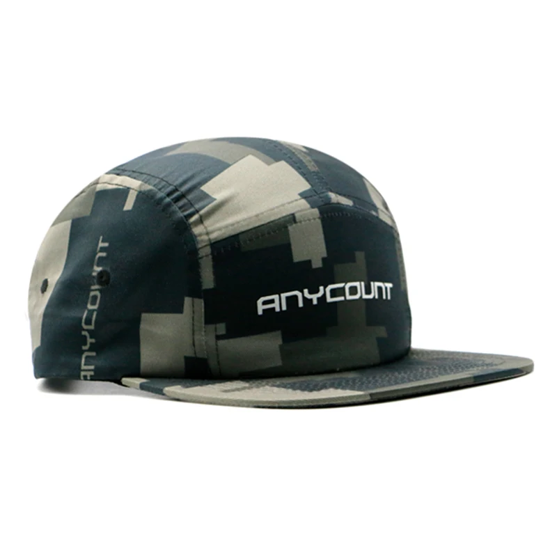Premium Custom Flat Embroidery Full Camo Printing Nylon Private Label Adjustable Buckle Strap Five Panel Camp Hat