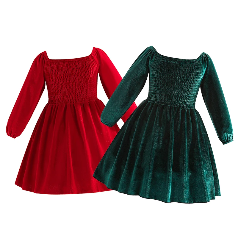 Tingzhi Christmas Velvet Solid Red Green Kids Girl Puff Sleeve Pearl Dresses Holiday Baby Toddler Dress
