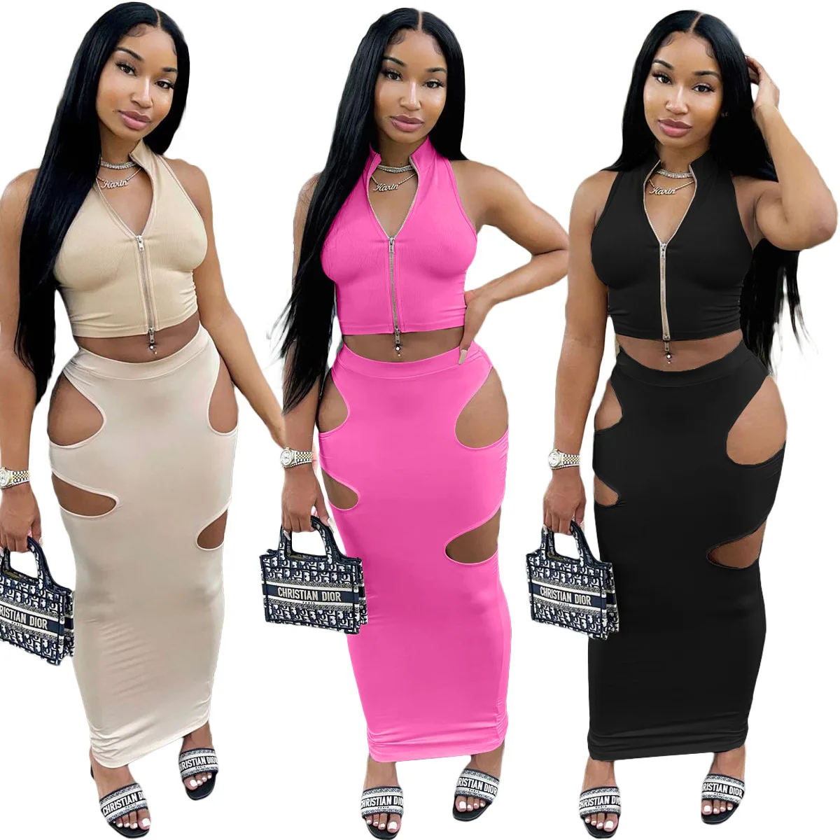 Huan Yi Summer Skinny Solid Grace Club pencil Dresses  ladies Hollow Out mini skirts and dresses