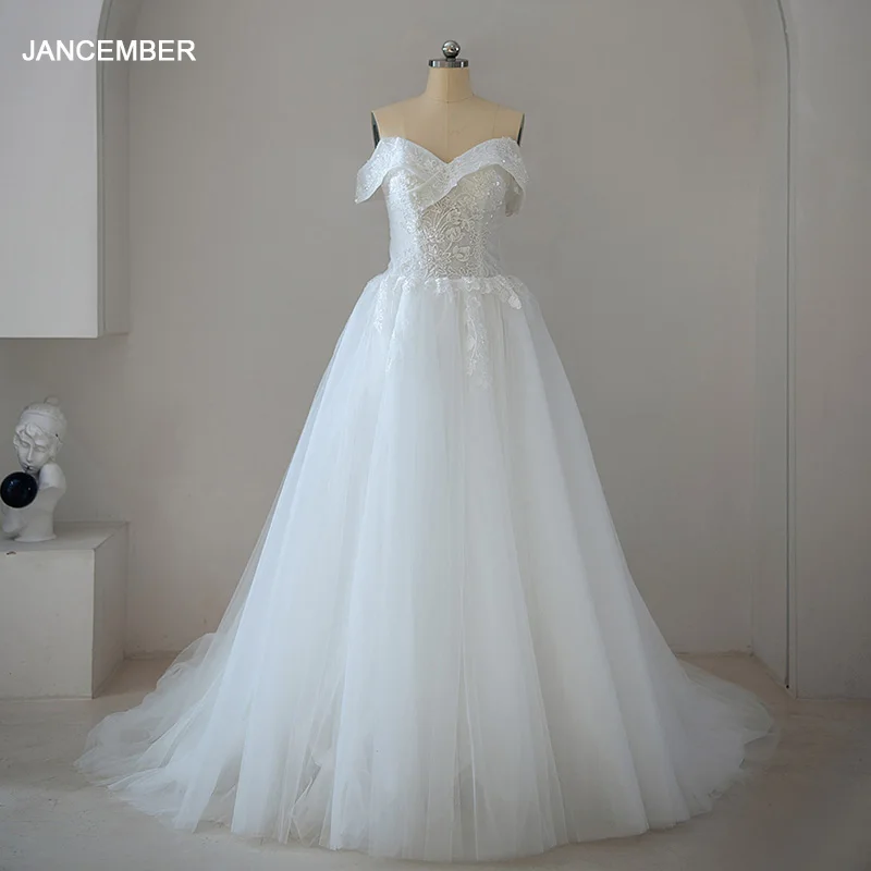 Jancember QW01907 Wholesale Sequined Ball Gown Off Shoulder Lace Illusal Plus Size Fashion Elegant Women Wedding Dress