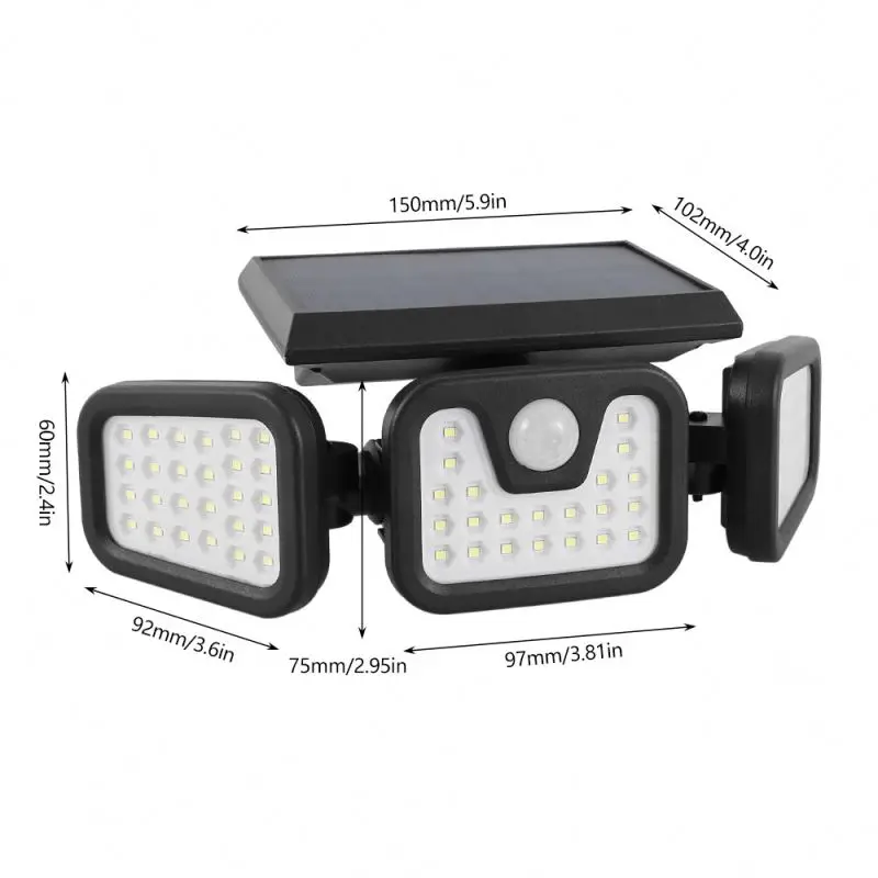 Hight power solar lights outdoor 3 adjustable heads 74 led motion sensor solar wall lamp