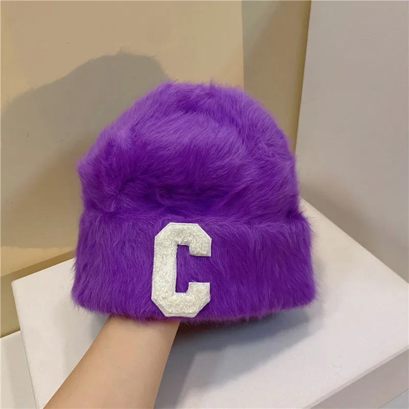 Модная Длинная зимняя шапка из кроличьего меха с завязкой, Женская плюшевая шапка с буквой «С», вязаная теплая шапка