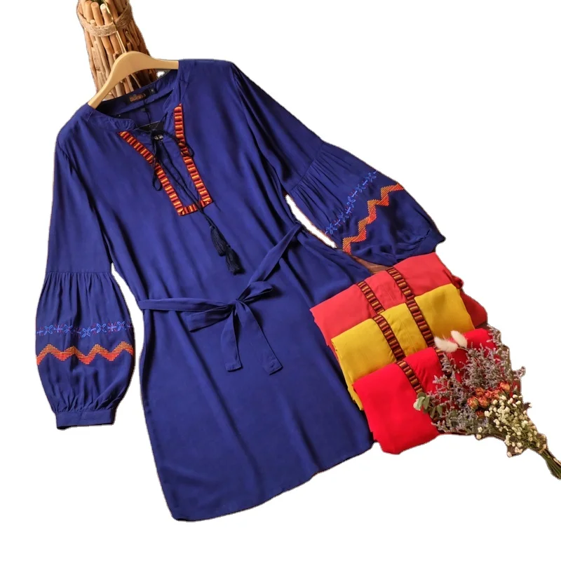 Wholesale Factory Price O-neck Floral Maxi Casual Boho Tassel Lace with Embroidered Dress for Women