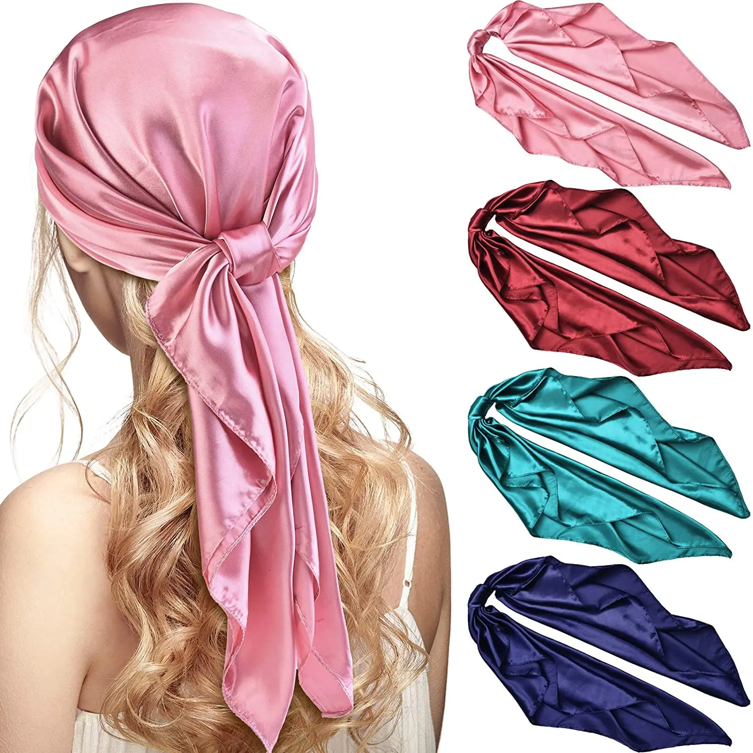 Bulk Wholesale Women Solid Colors Large Square Satin Scarfs Custom Plain Silk Feeling Hair Wrapping Scarves