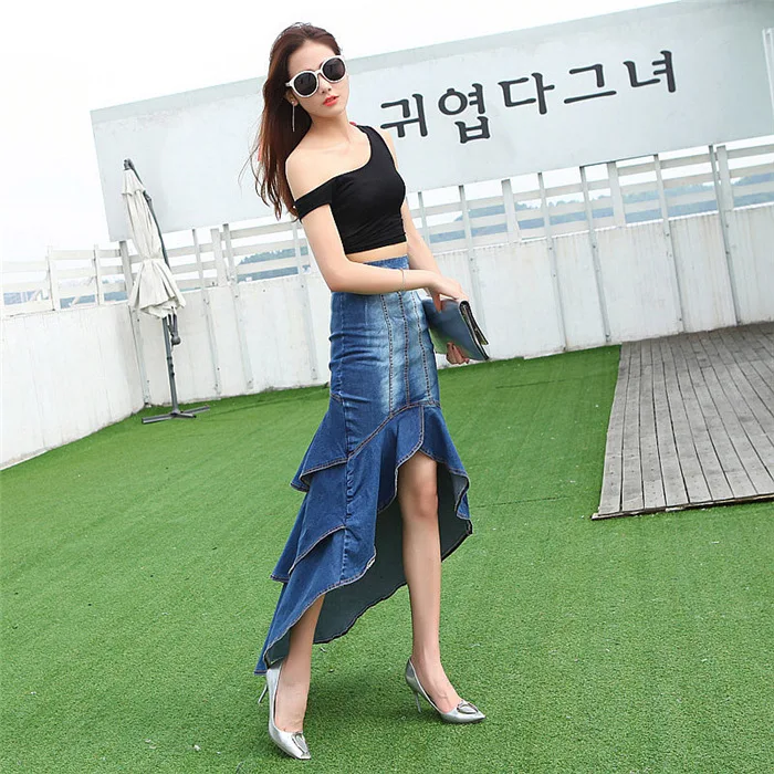 Lady Long Denim Skirt High Waist Gradient Tassel Jeans dresses Trumpet Cool Fish Tail Mermaid Bohemian Maxi Skirts