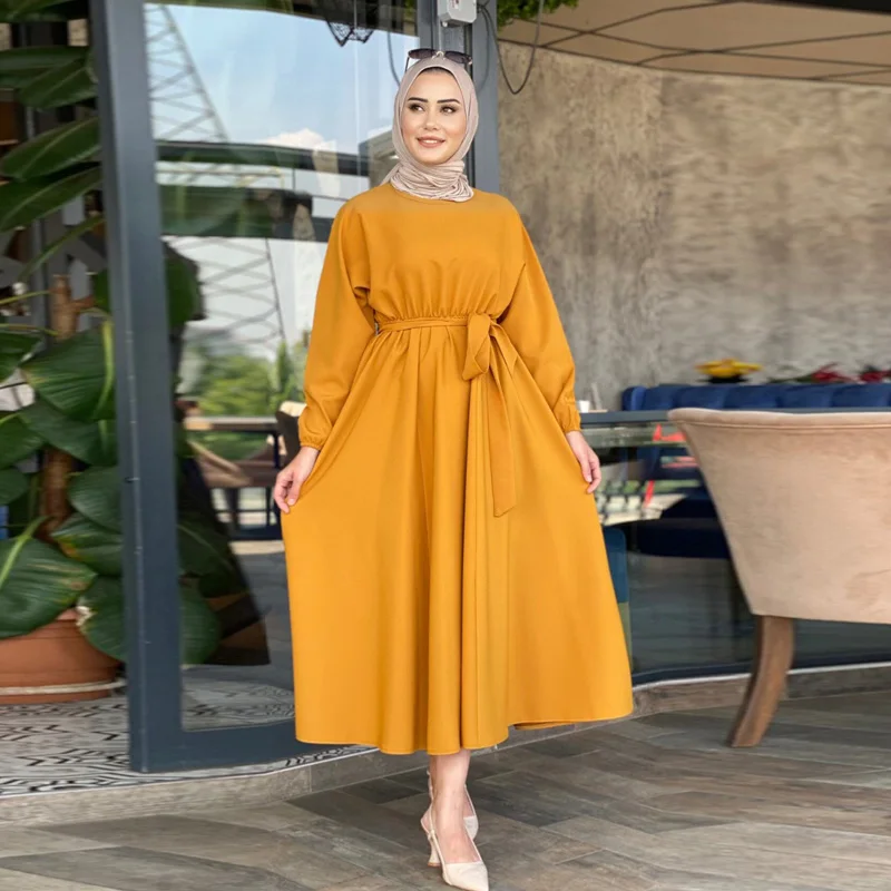 New fashion womens plus size casual elegant long sleeve loose tunic lace up muslim maxi  dress