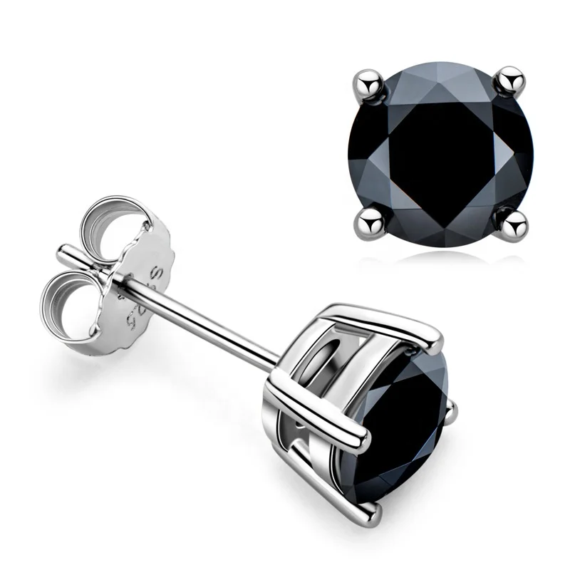 men wholesale 4 prong 925 silver certified round solitaire 1ct gra vvs black real moissanite diamond earrings
