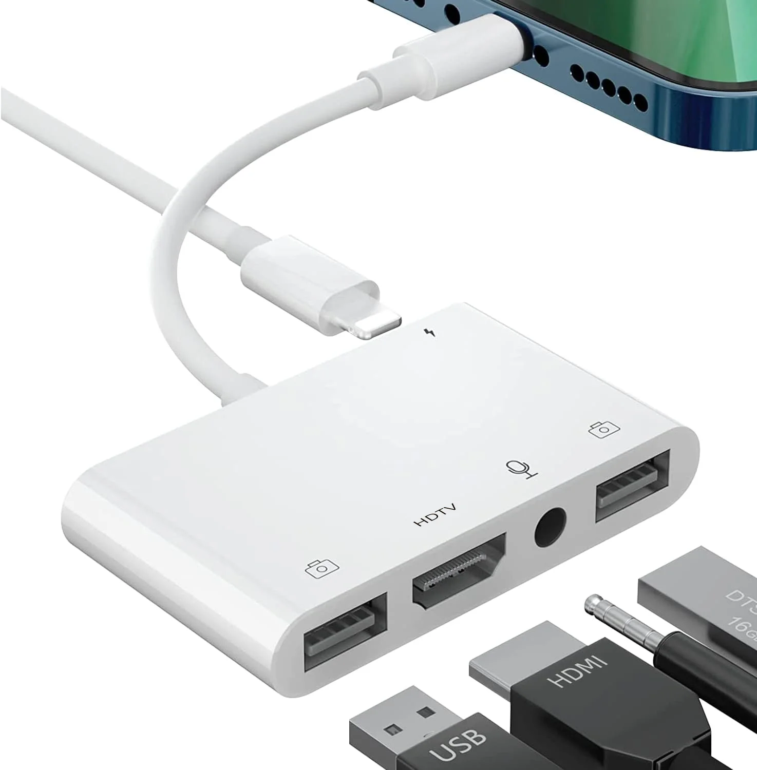 For Lightning to HDTV Adapter for iPhone/iPad to TV, Dual USB OTG Adapter with Microphone Input MIDI Keyboard, Mouse