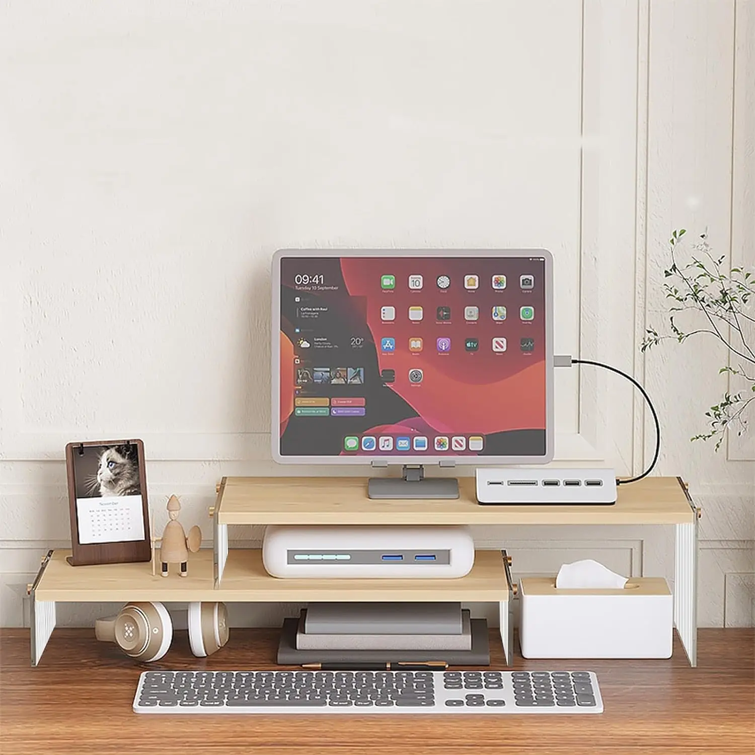 Wood stands for laptop computers, 2 Tier Dual computer display stand with Acrylic Legs Office Desk Shelf Organizer