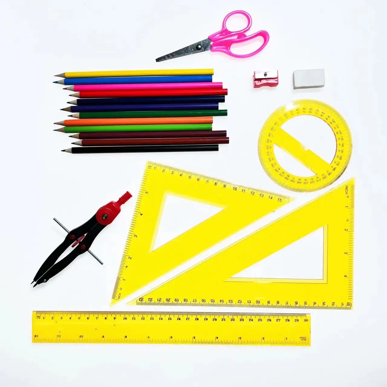 colour pencil  Student Drawing Stationery Plastic Ruler Triangular Protractor 30cm Set Ruler Learning Combination Ruler