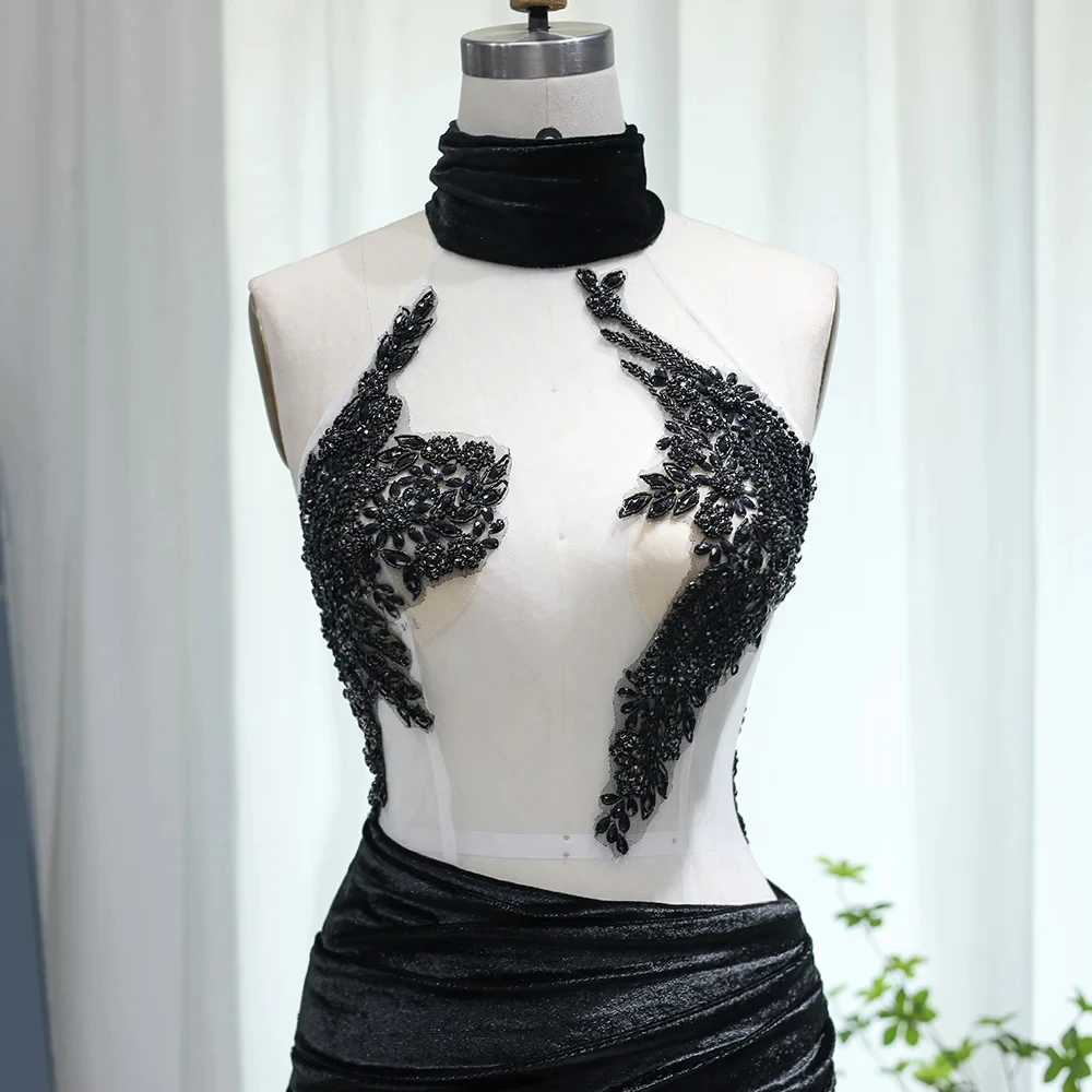 Black Velvet Short Mini Cocktail Dresses 2024 Sexy See Through Black Girls Prom Dress Women Club Night Gowns RM007-2