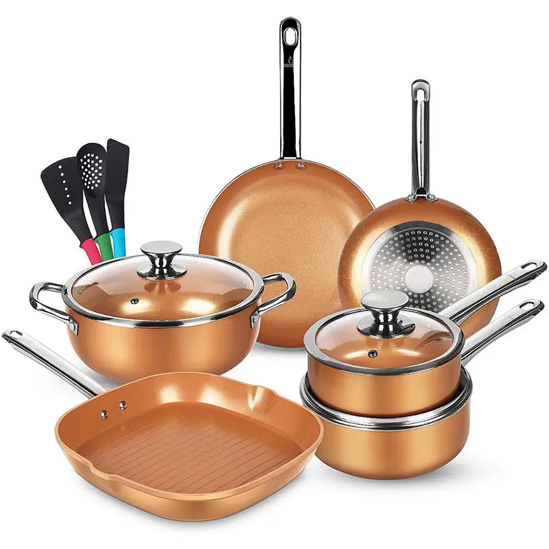 
12 pcs Copper Color Ceramic Coating Nonstick Cooking Pot Cookware Set 