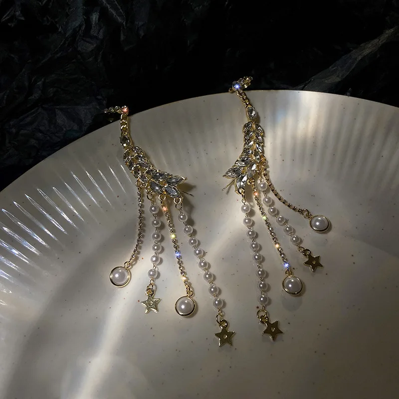 925 Silver Needle Diamond Pearl Tassel Ear Bone Clamp Retro Temperament Fashion Star Earrings