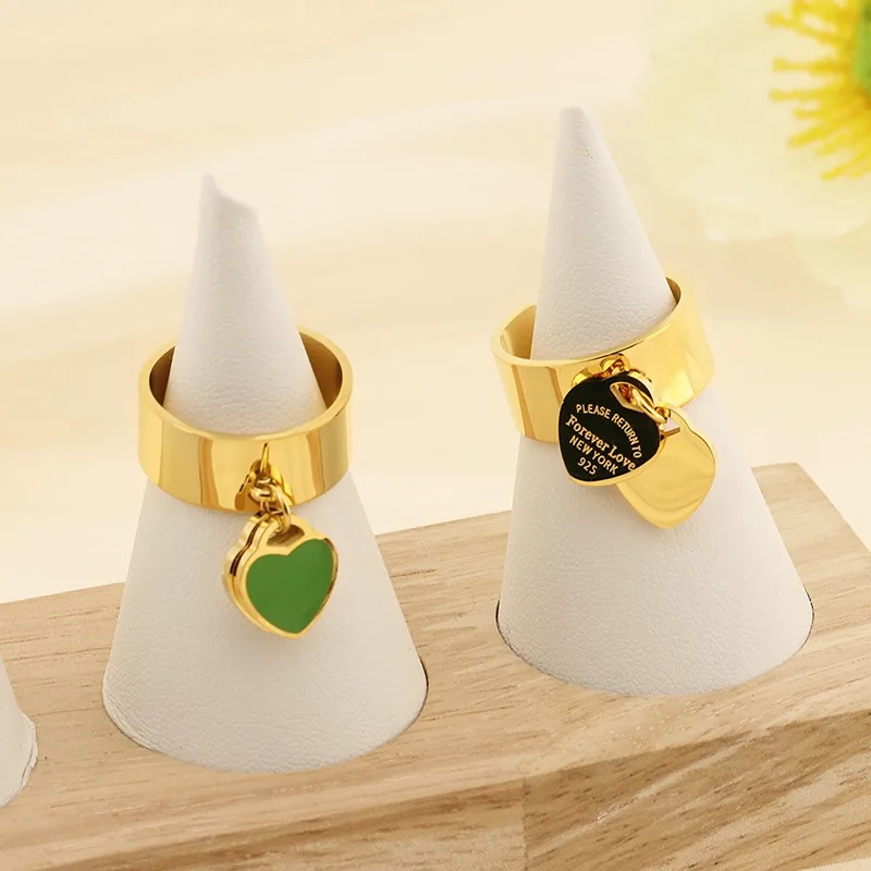Wholesale Pink Blue Enamel Heart Charm Waterproof Anti Tarnish Designer Gold PVD Plated Girls Open Rings For Women