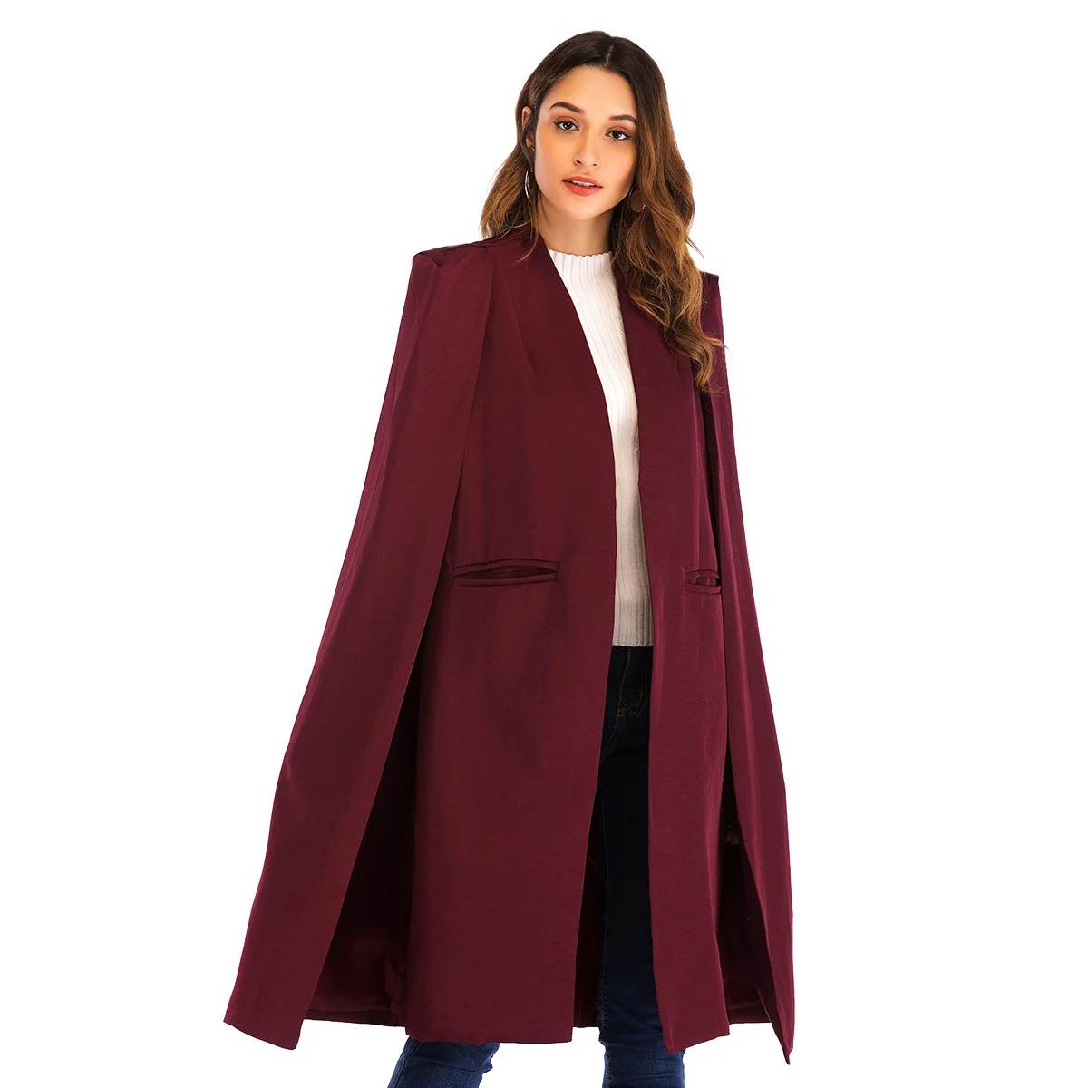 European design JTF wholesale office lady longer women spring red cloak poncho zipper jacket women