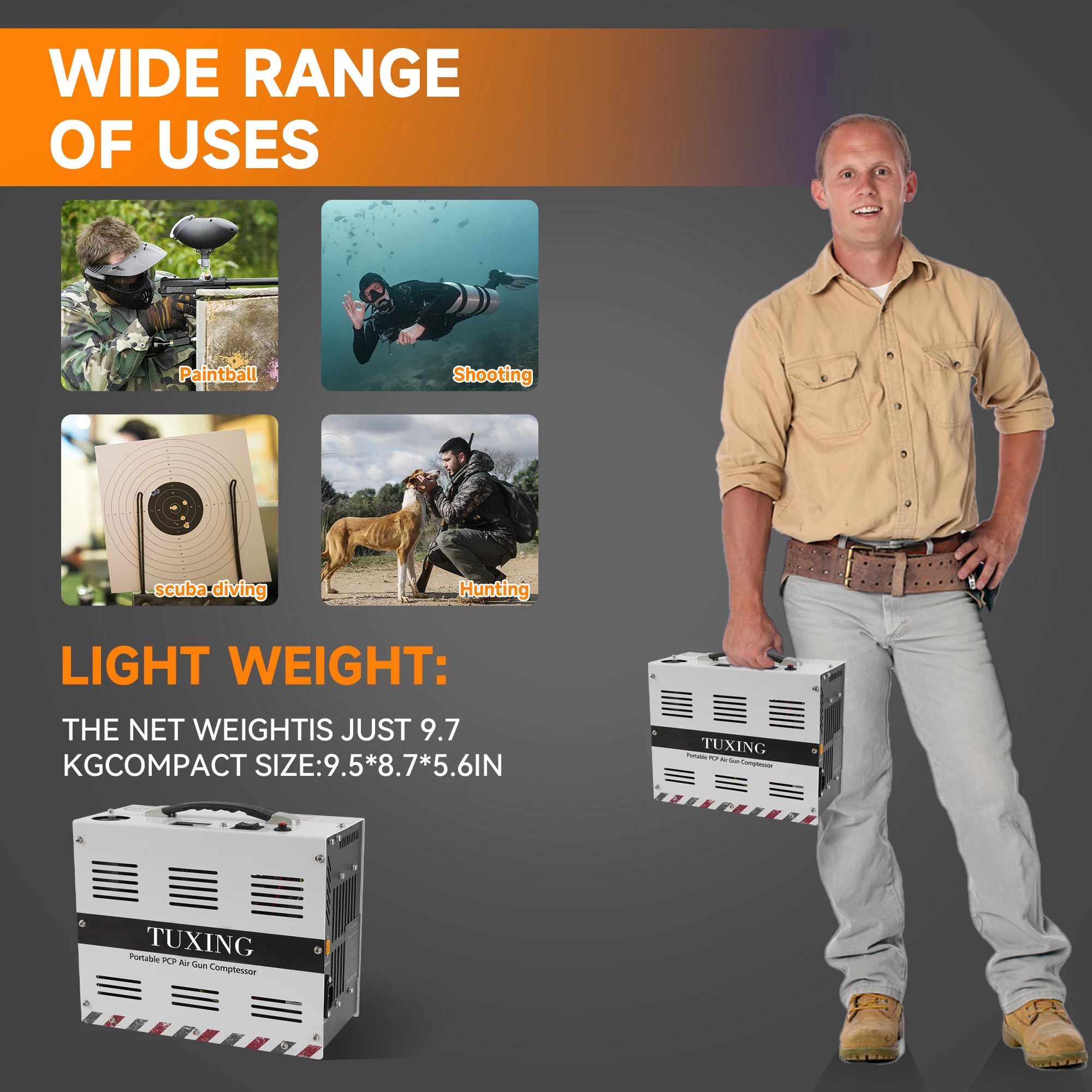TUXING Hot Sale Custom Color 12V 4500psi 300bar 30mpa DC 220V Auto Stop Double Cylinder Breathing Paintball PCP Air Compressor