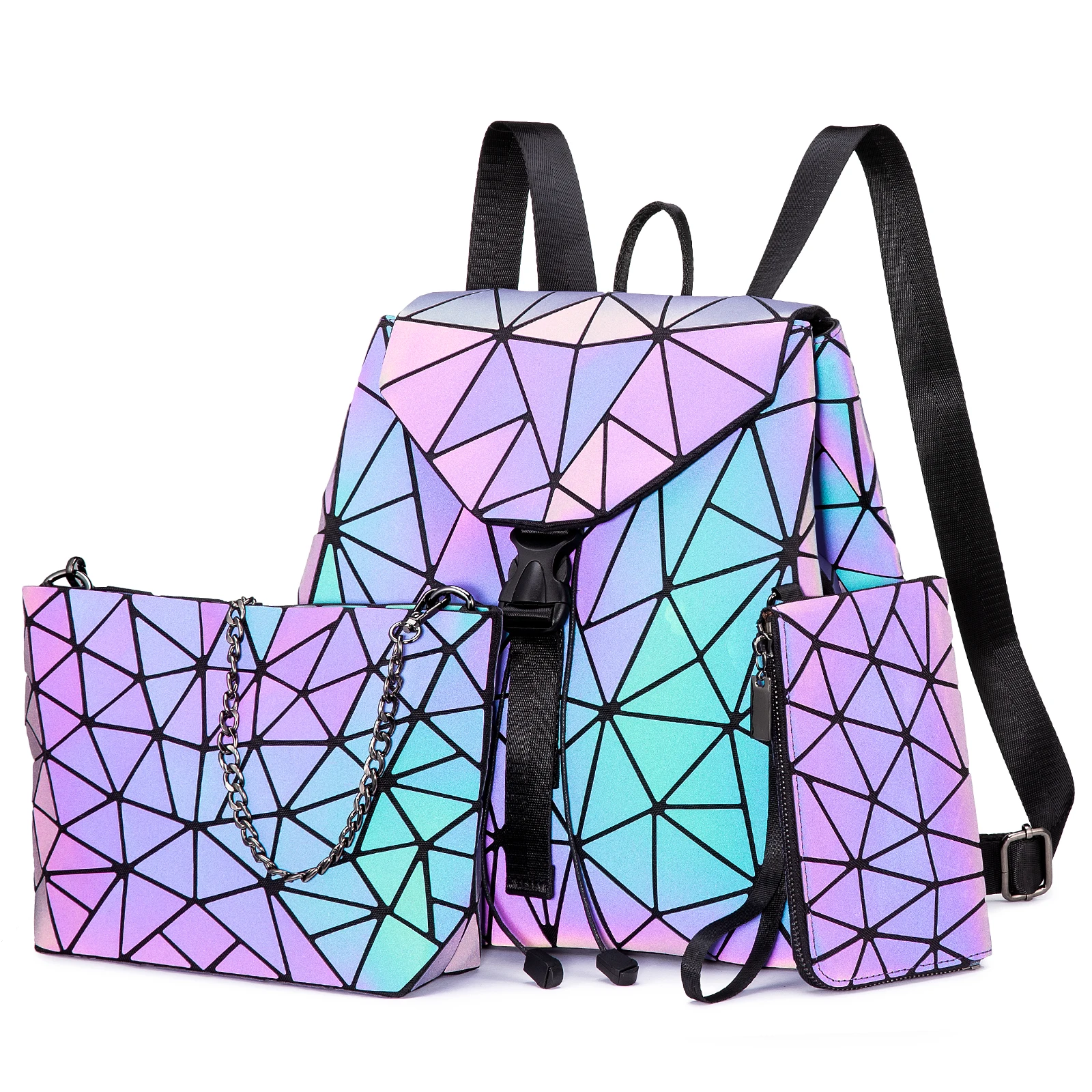 LOVEVOOK Custom Holographic Reflective Bag Wallet Clutch Set Geometric Luminous Purses and Handbags Women Backpacks