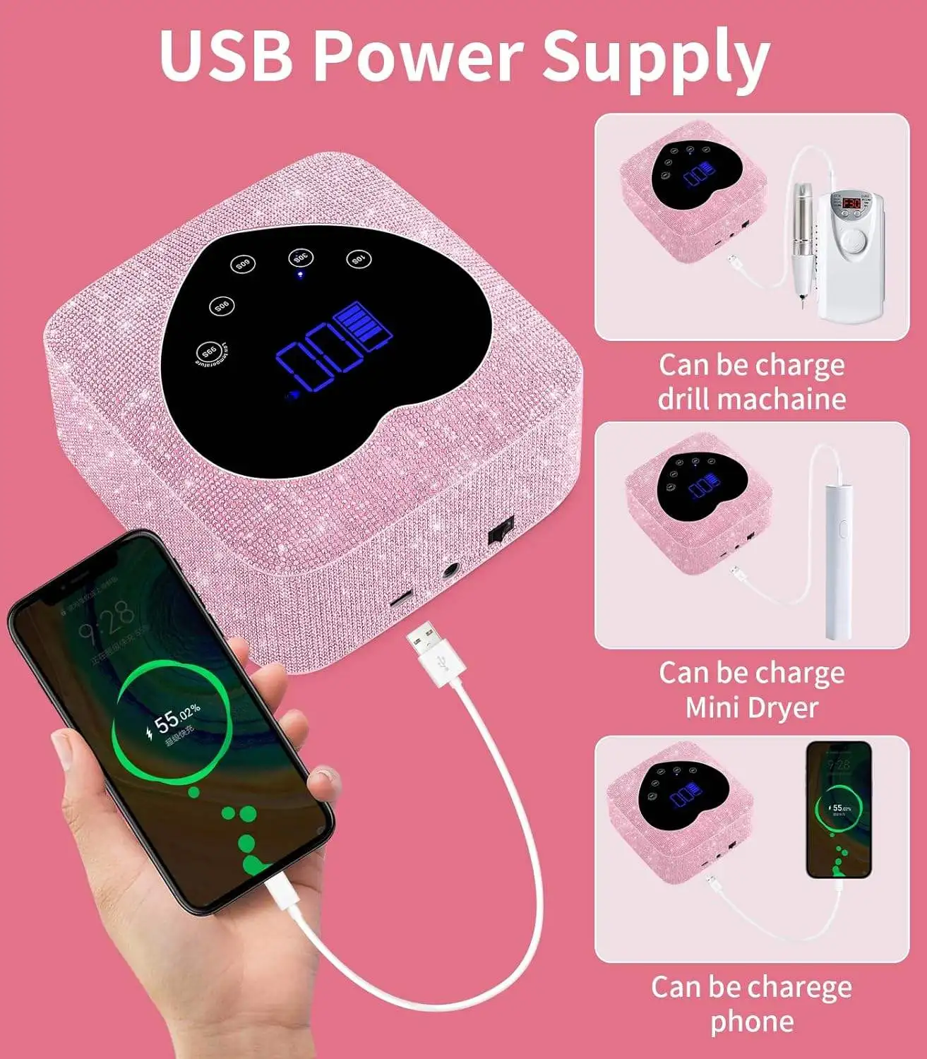 Rechargeable UV Nail Lamp Fast Nails Dryer Curing Lamp for Salon & Home Pink Heart Shape Diamond Gel Nail Polish UV Light