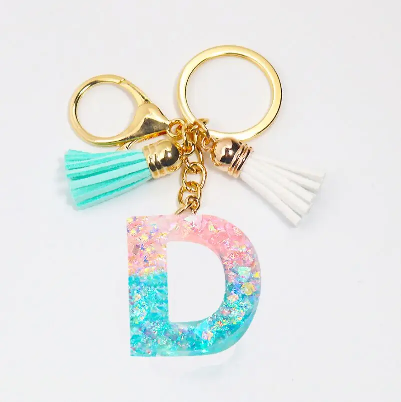 26 English word Letter Keychain,sparkle Glitter shell paper Resin keyring Tassel A TO Z Handbag Charms for Woman